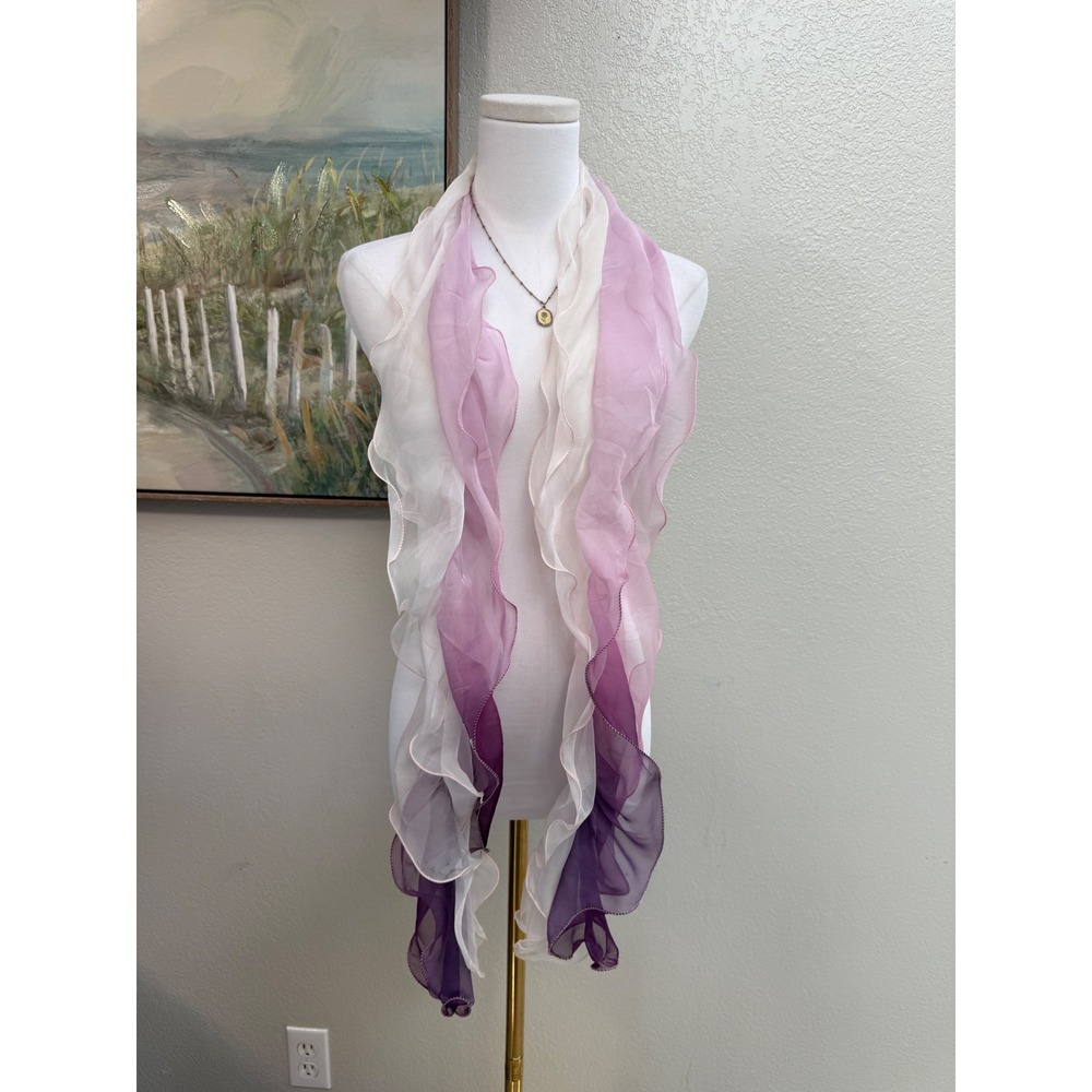 Purple Ombre Chiffon Ruffle Scarf White Lavender Plum Lettuce Edge Sheer - Picture 3 of 3